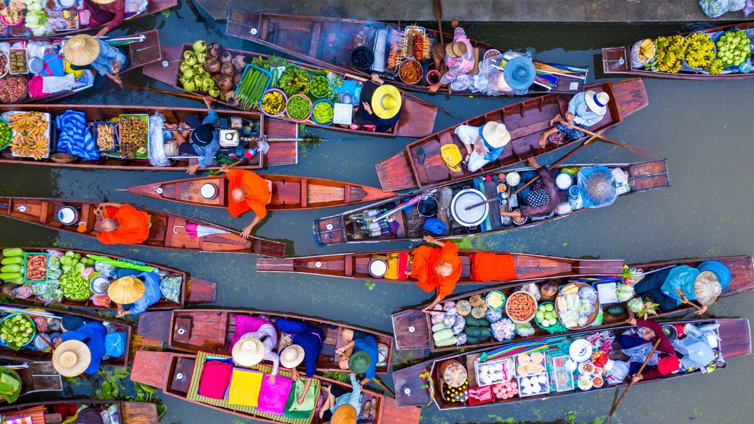 Damnoen Saduak floating market in Thailand, aerial view